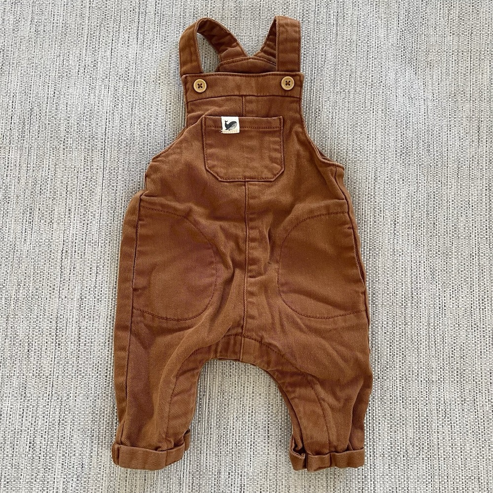 Vertbaudet Baby Overalls 3M Rust Brown Denim Cotton Blend Adjustable Straps EUC